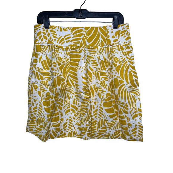 LOFT Linen Blend Mini Skirt Yellow White Leaf Print Size 8 Flare Casual Work - Picture 3 of 8